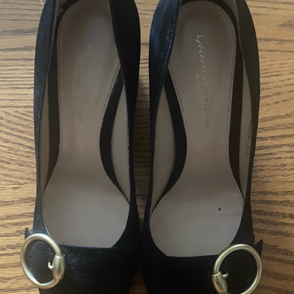 Gianvito Rossi Black Suede Heels With Gold Buckle Size 37 1/2